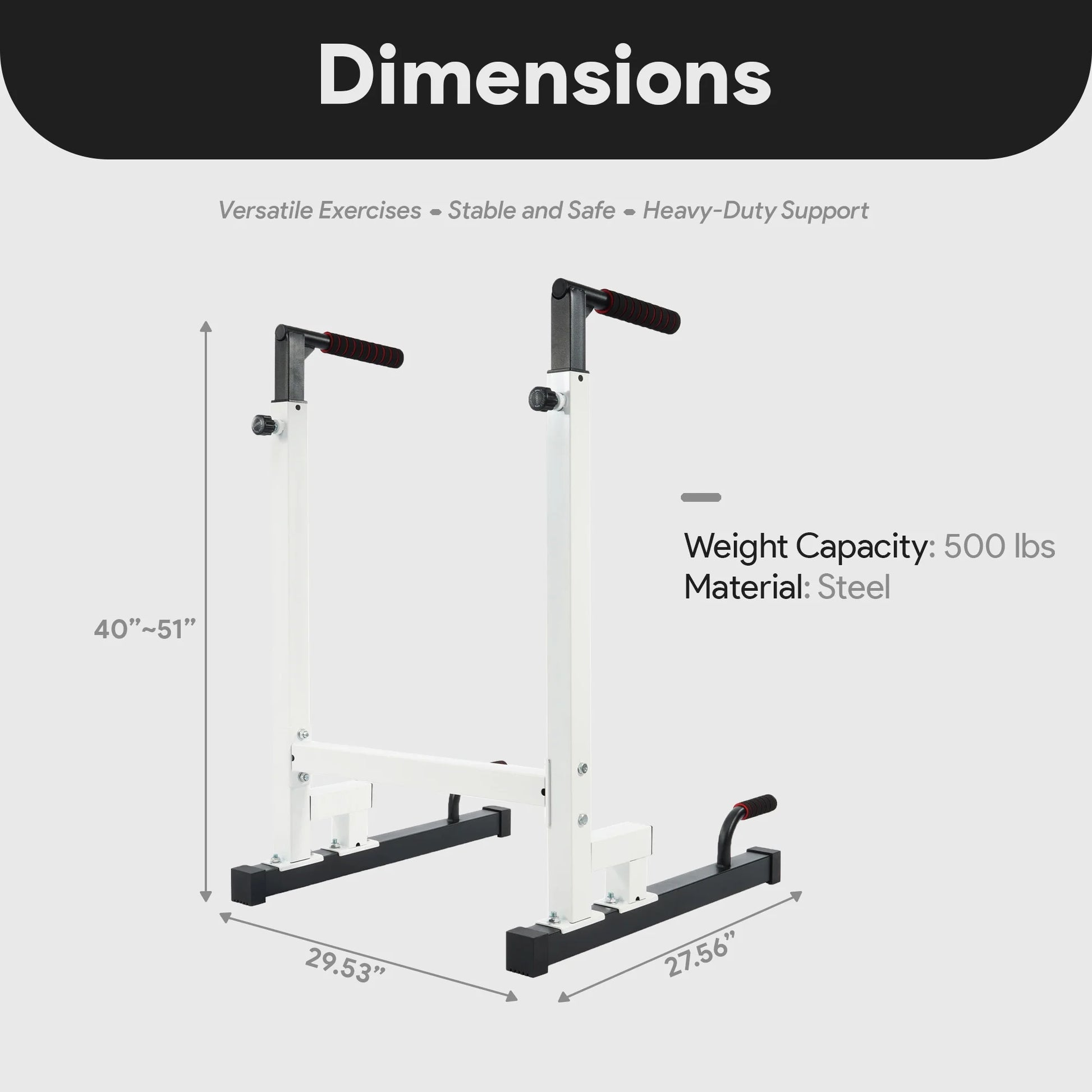 Steel Frame Dip Station with Adjustable Height, 500 Lb Weight Capacity, White
